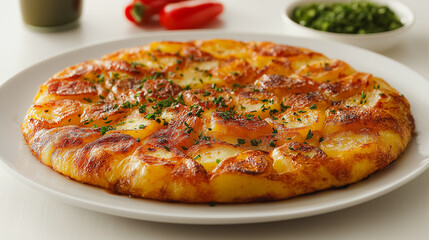 Spanish tortilla, potato omelette, isolated on white background, traditional Spanish dish, simple and clean presentation