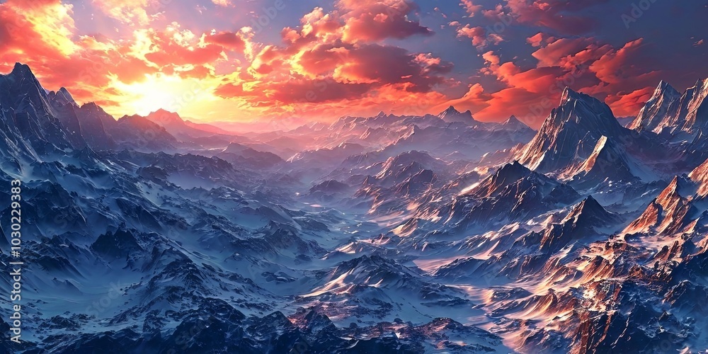 Poster a beautiful mountain range with a red and orange sky in the background