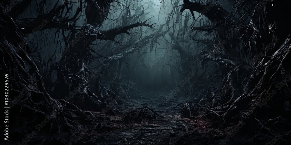 Poster a dark forest with twisted trees and a creepy atmosphere