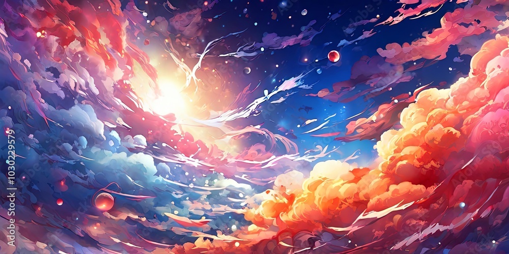 Poster a colorful sky with clouds and a sun in the background