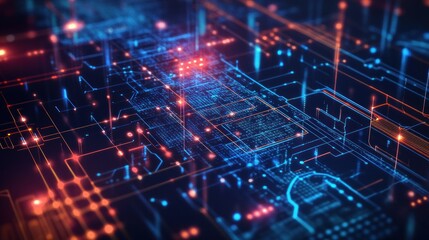 Abstract digital circuit board with glowing lines and nodes in blue and orange.
