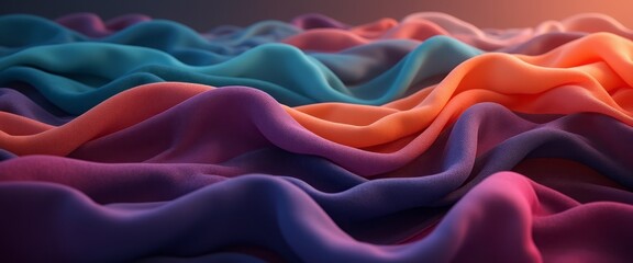 Fototapeta premium Undulating layers of colorful fabric are arranged in a vibrant display, featuring rich hues of red, orange, purple, and blue. The flowing fabric creates a sense of depth and movement.