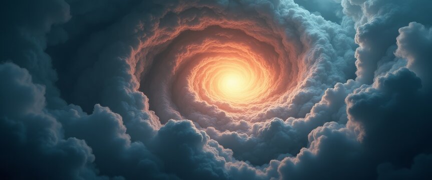 A swirling glowing vortex forms in a cloudy sky, with bright light at the center creating an otherworldly and dramatic scene. The image evokes a sense of mystery and cosmic power.