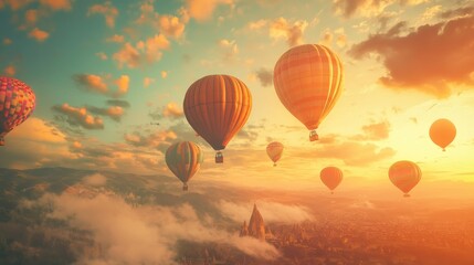 Obraz premium Hot air balloons fly over a misty valley at sunset.