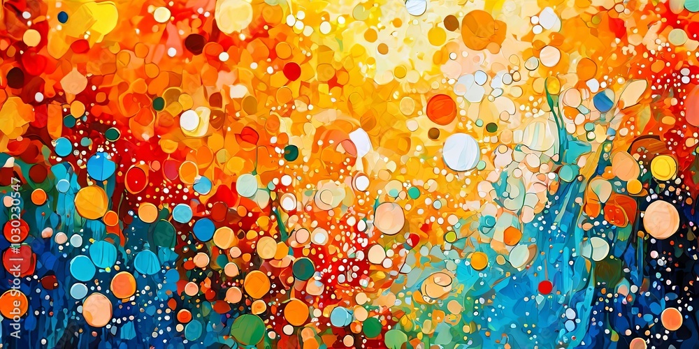 Poster a painting of a colorful, abstract scene with many different colored circles