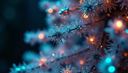 A close-up of a cybernetic Christmas tree, its branches composed of intricate circuitry and glowing LEDs