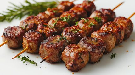 Turkish kebabs, grilled meat skewers, isolated on white background, traditional Turkish dish, simple and clean presentation