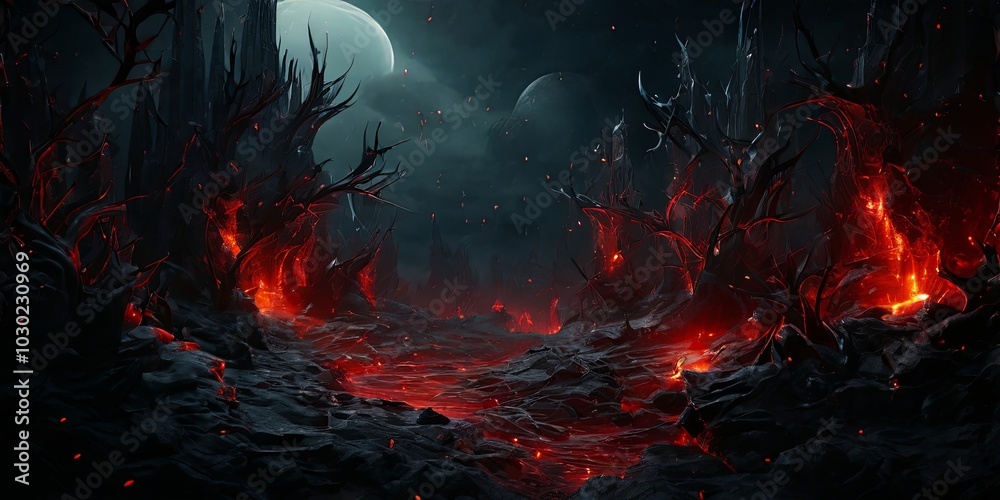 Aufkleber a dark, fiery landscape with a large red river running through it
