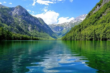 Majestic mountains surround a tranquil lake under a bright blue sky in the afternoon light