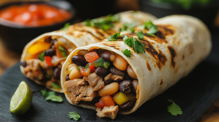 Mexican burrito, filled tortilla with beans and meat, isolated on white background, traditional Mexican dish, simple and clean presentation