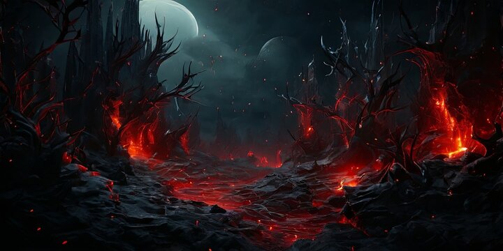 A dark, fiery landscape with a large red river running through it
