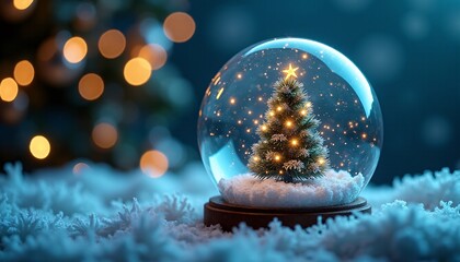 A close-up of a futuristic snow globe, containing a miniature quantum Christmas tree. The tree is illuminated by a mesmerizing light show