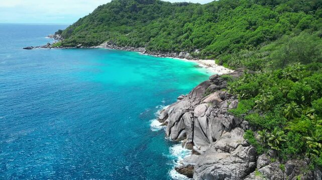 Anse Capucins Beach Mahe Island Seychelles Drone Shot Video 4K