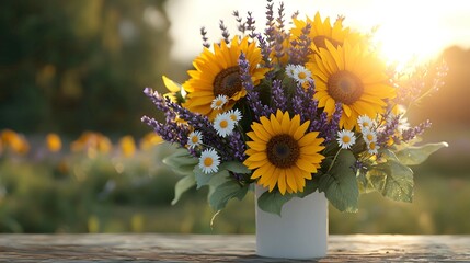 A vibrant bouquet of sunflowers, lavender, and daisies in a white vase, basked in warm sunlight, set against a blurred garden background.
