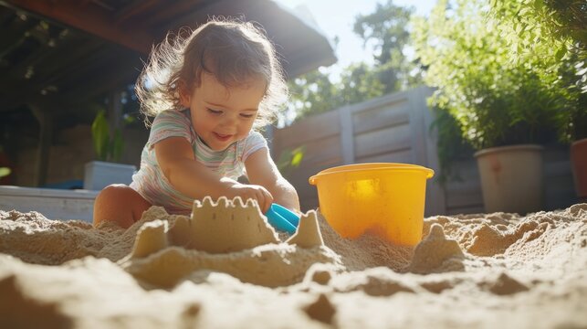 Girl building a sandcastle in her backyard.