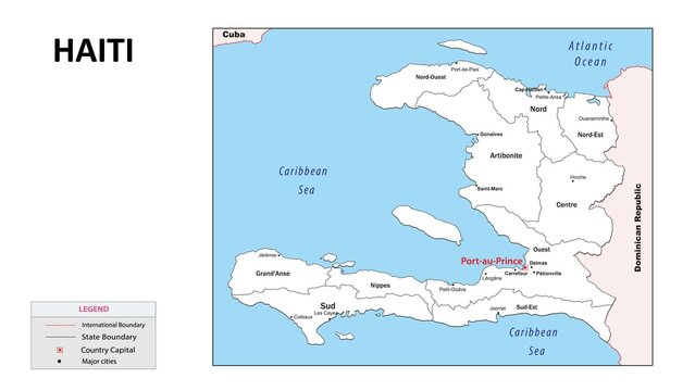 Haiti Map. State map of Haiti. Administrative map of Haiti with state and capital in white color.