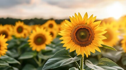 A vibrant sunflower stands tall in a field, surrounded by countless others, basking in the warm glow of the setting sun.