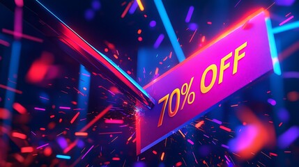 A vivid illustration of giant scissors slicing through a price tag labeled “70% Off”, glowing sparks and vibrant confetti bursting out, neon light effects in the background,