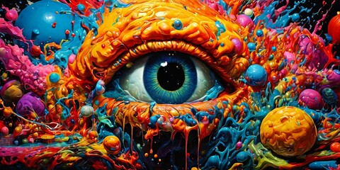 A colorful painting of an eye with a blue iris