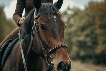 Obraz premium Equestrian sports training, young person learn to ride horse, pure breed animal Generative AI