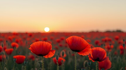 Obraz premium A vibrant field of red poppies under a serene sunset, creating a picturesque landscape filled with natural beauty.