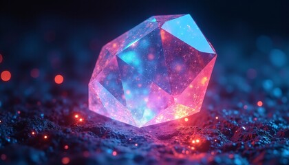 A close-up of a single, faceted crystal, emitting a bright and colorful glow. The crystal is made of a futuristic