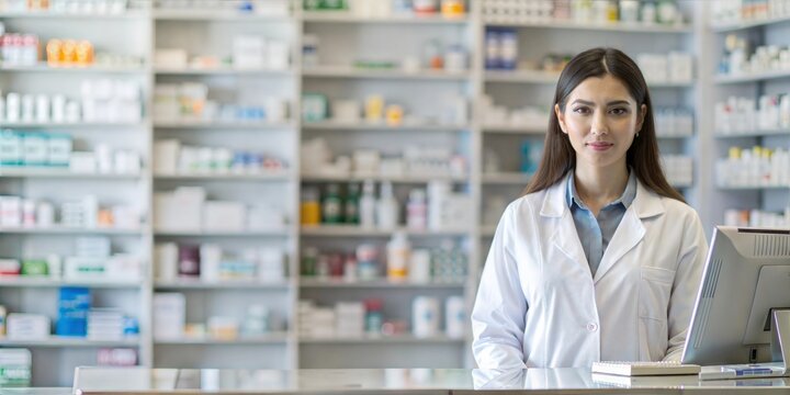 pharmacy counter with blur shelves of drug in the pharmacy drugs