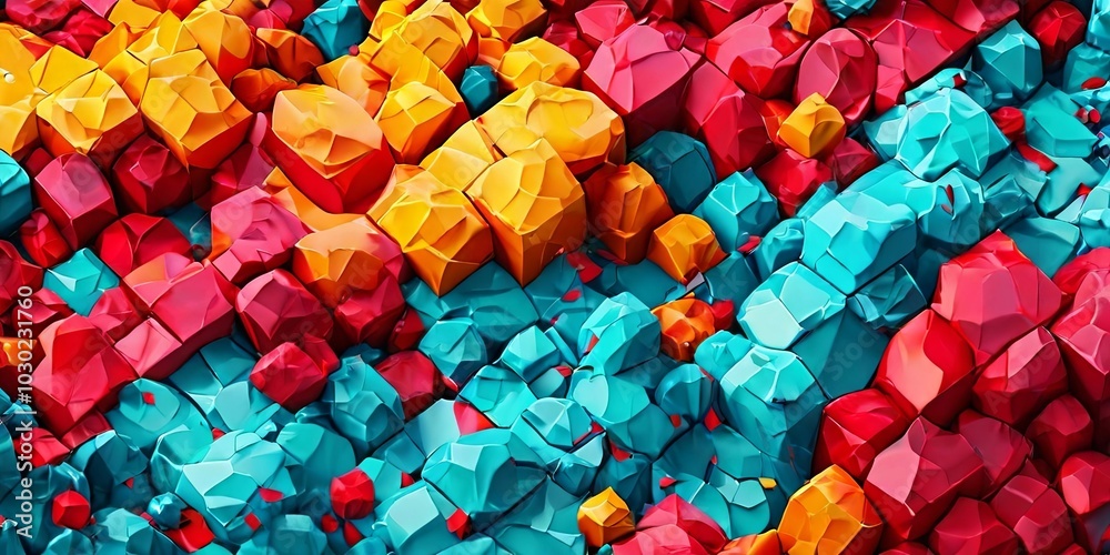 Poster A colorful image of rocks and blocks with a blue and red background
