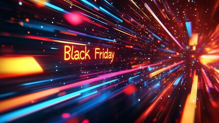 Obraz premium Bold “Black Friday” text in vivid neon colors like red, yellow, and blue, glowing against a dark background, bright arrows and dynamic lines pointing toward the text,