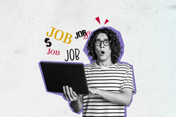 Creative photo collage picture young man laptop browsing job vacancy employment work search shocked...