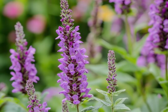Vibrant purple flower spikes bloom gracefully in a lush garden during springtime