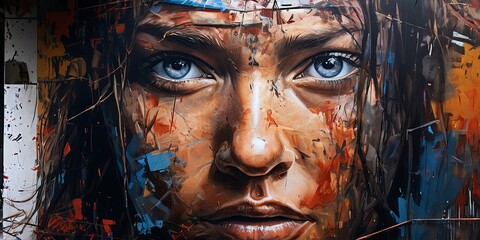 A woman's face is painted with bright colors and has a blue eye