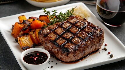 An overhead view of a perfectly cooked steak with grill marks, served on a white plate with a side of roasted vegetables and a glass of merlot 