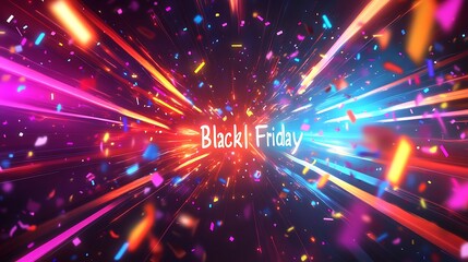 Naklejka premium Bright “Black Friday” text in bold neon colors, dynamic arrows and lines pointing toward the center, glowing light beams and confetti scattered around, dark background with intense highlights,