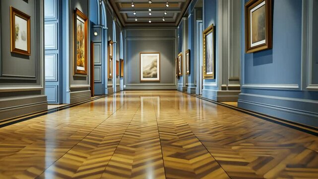 A long, empty hallway in an art gallery, with paintings on the walls and a polished wooden floor