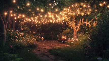 Enchanted garden lit by fairy lights.