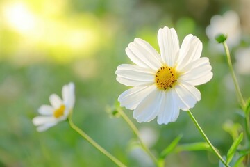Delicate white flowers bloom in a sunlit garden during a serene morning in springtime