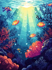 Captivating Coral Reef Seascape with Vibrant Schools of Tropical Fish Basking in Sunlit Underwater