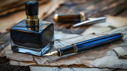 Elegant Vintage Blue Fountain Pen and Ink Bottle on an Organized Office Desk