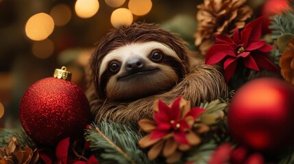 Fototapeta premium Festive sloth surrounded by Christmas decorations, New year