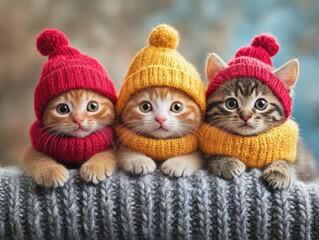 Fototapeta premium Three playful kittens in colorful knitted hats.