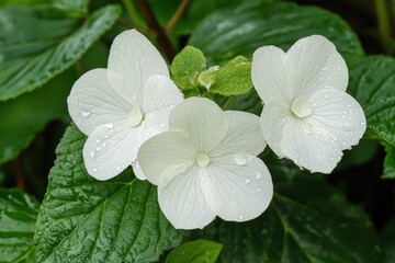Delicate white flowers adorned with droplets glisten after a refreshing morning rain