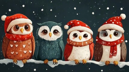 Fototapeta premium Four cute owls in Christmas hats on a snowy night