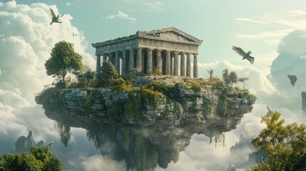 A majestic ancient temple sits atop a floating island in the clouds, surrounded by lush greenery and birds in flight.