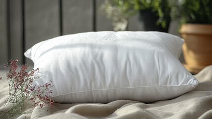 Soft white pillow resting on natural fabric with plants in the background, showcasing tranquility and comfort in a serene environment