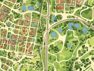 Detailed Stylized Map of a Fictional City with Vibrant Landscape and Infrastructure