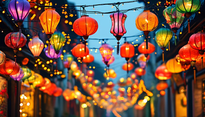 A street adorned with vibrant, glowing lanterns, creating a festive and magical atmosphere