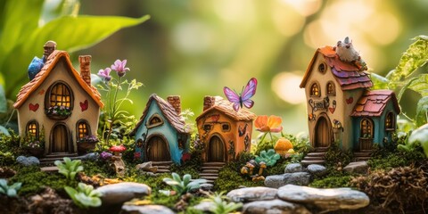 Fototapeta premium Tiny houses, flowers, and a butterfly in a miniature forest.