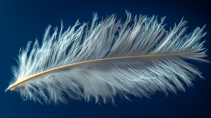 Elegant white feather floating gracefully against a deep blue background, showcasing intricate details and delicate textures