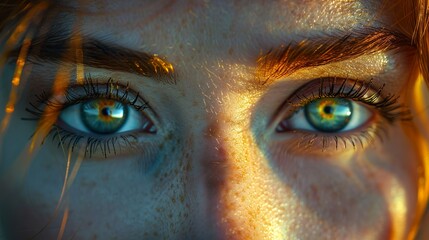 Naklejka premium Close Up Portrait of a Woman's Eyes with Golden Light